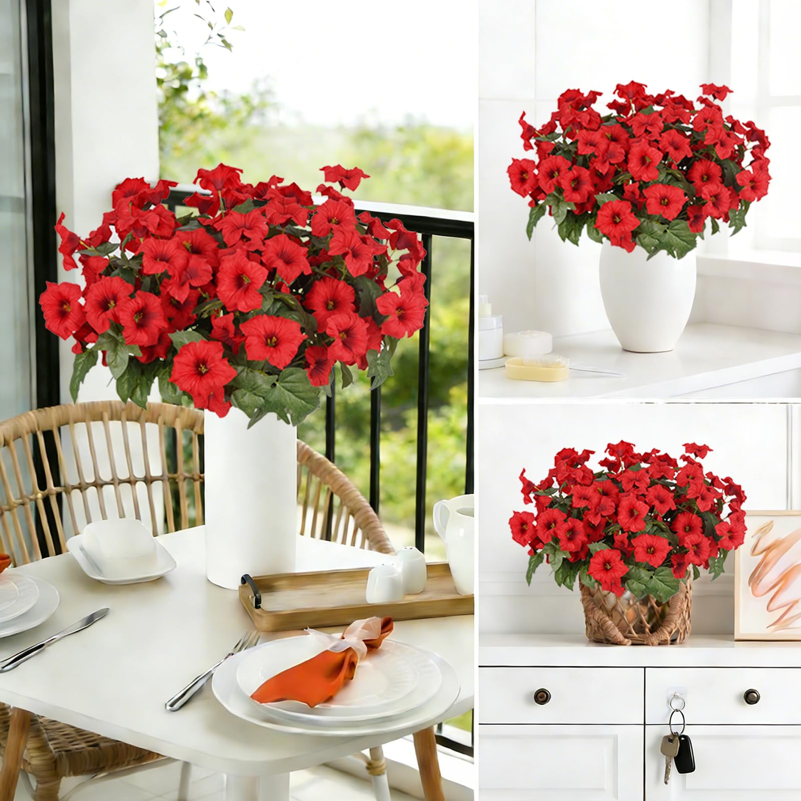 SIECCY patio display with red petunias in a container.