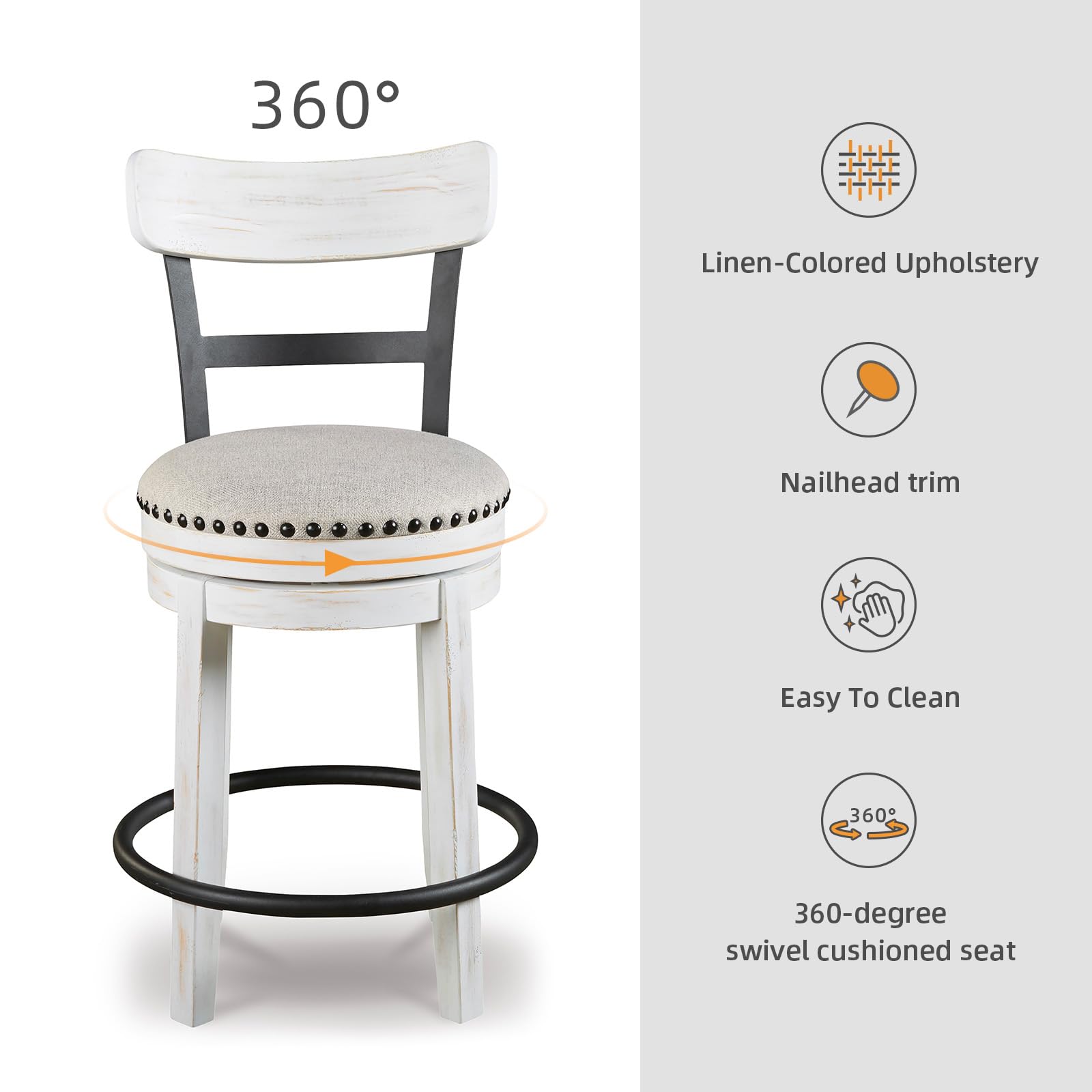 Valebeck barstool side swivel angle, showcasing 360° motion for social dining