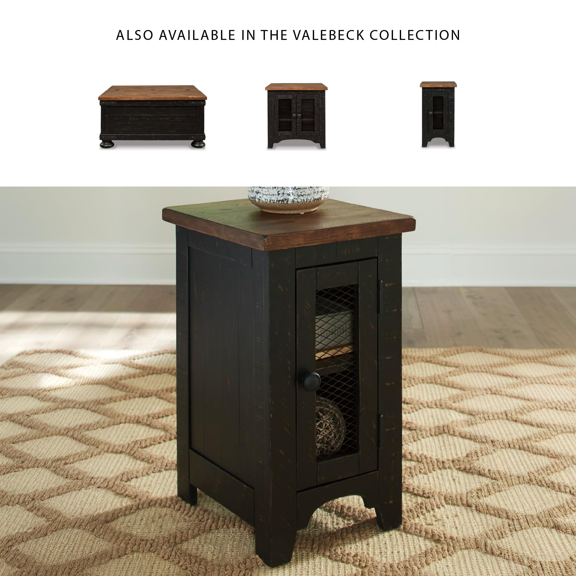 Valebeck end table cabinet door with metal grill detail for rustic storage.