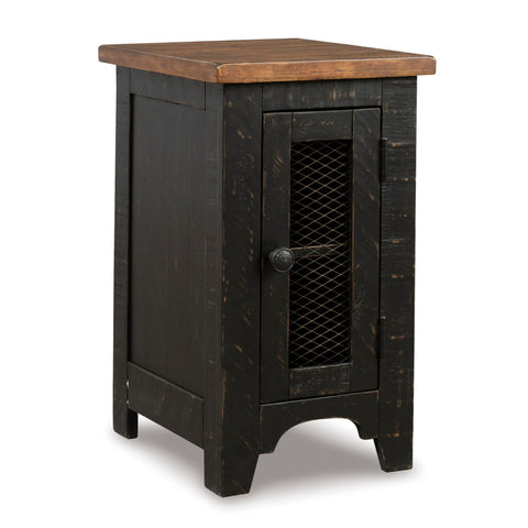 Valebeck end table in distressed black, front view for living room charm.