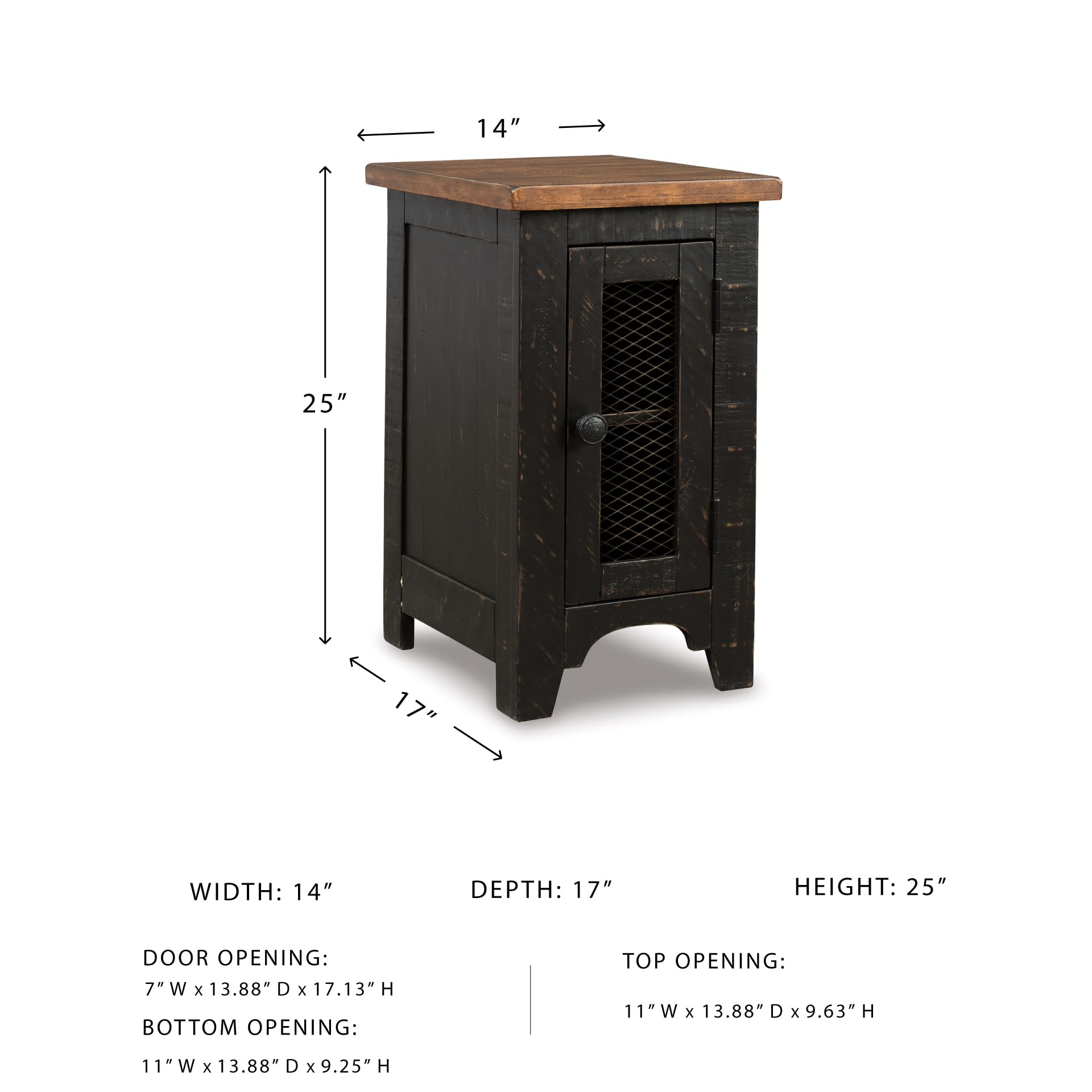 Plank-effect top and two-tone finish add farmhouse character.