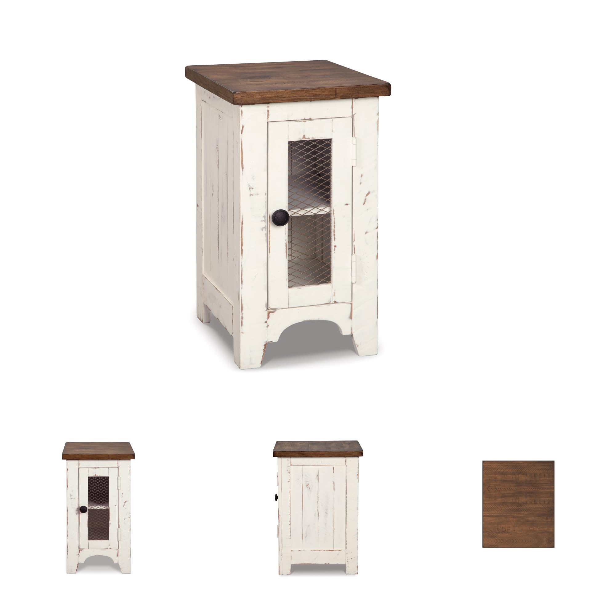 Two-tone finish pairs vintage white with natural pine for versatile styling