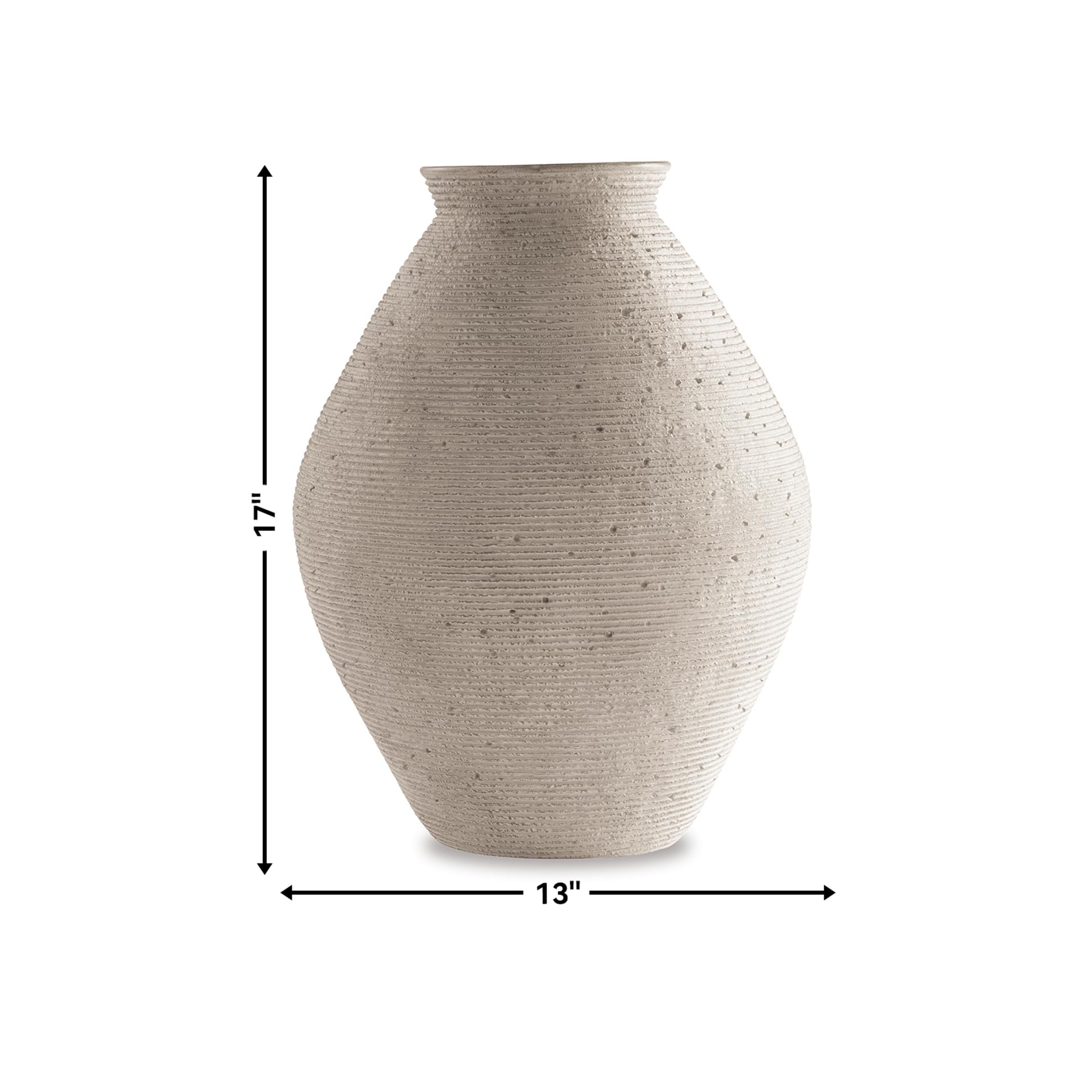 Signature Design by Ashley Hannela vase antique tan finish complements decor and elevates shelves.