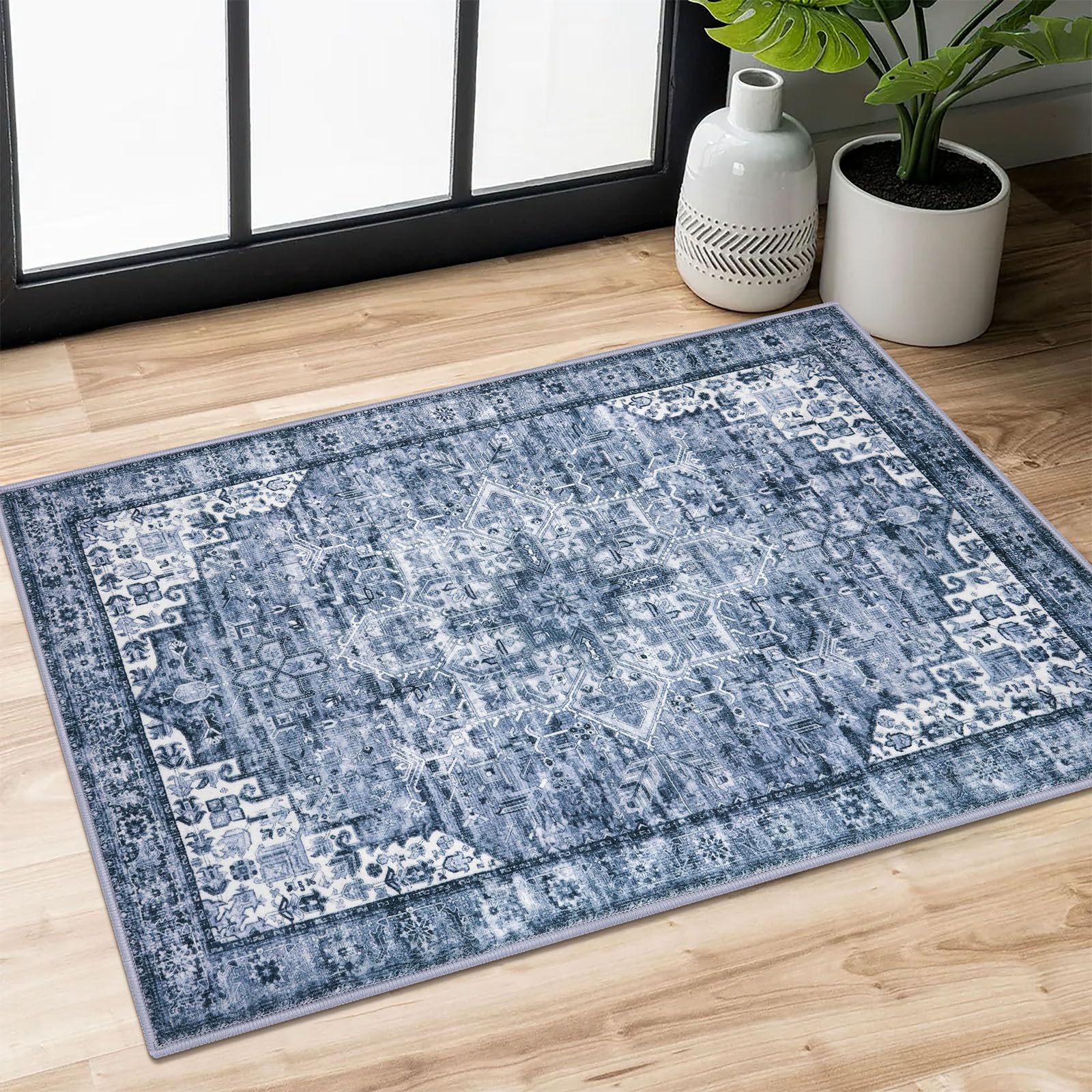 SIILOOM 2x3 blue medallion rug, top view, ideal for entryways with soft comfort