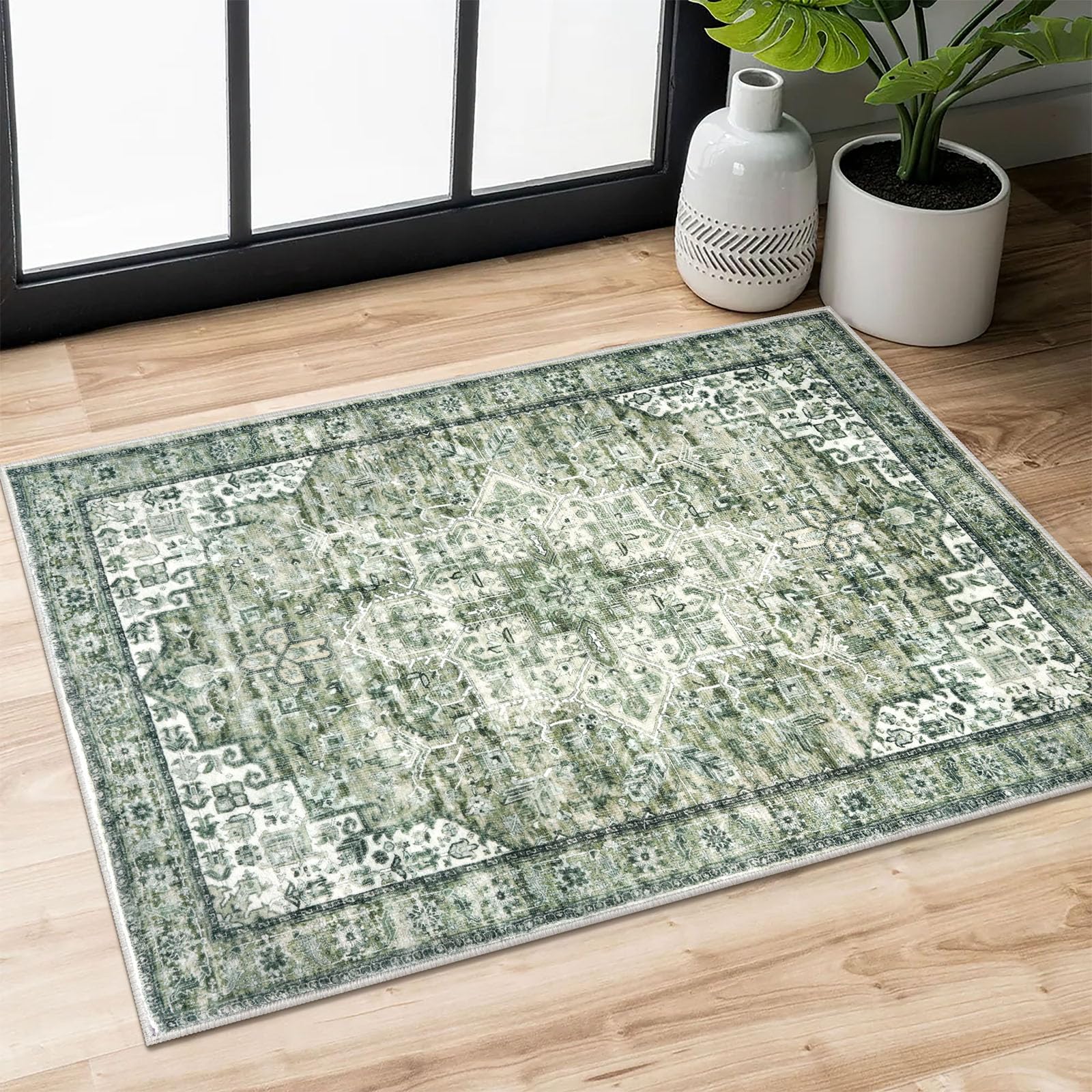 SIILOOM 2x3 rug entryway green medallion for a welcoming, easy-care entrance