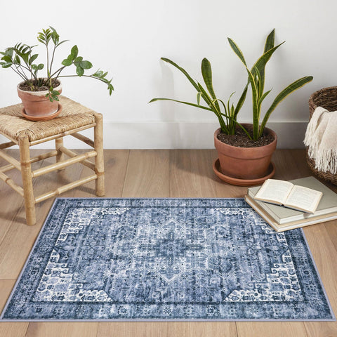 SIILOOM non-slip backing blue rug close-up showing stability for daily use