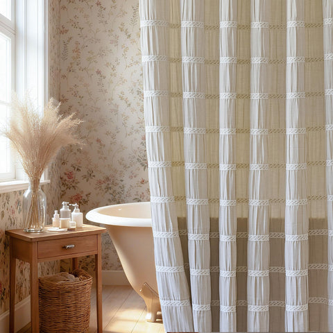 Siiluminisoy Cream Shower Curtain with 12 eyelets for durable, easy installation.