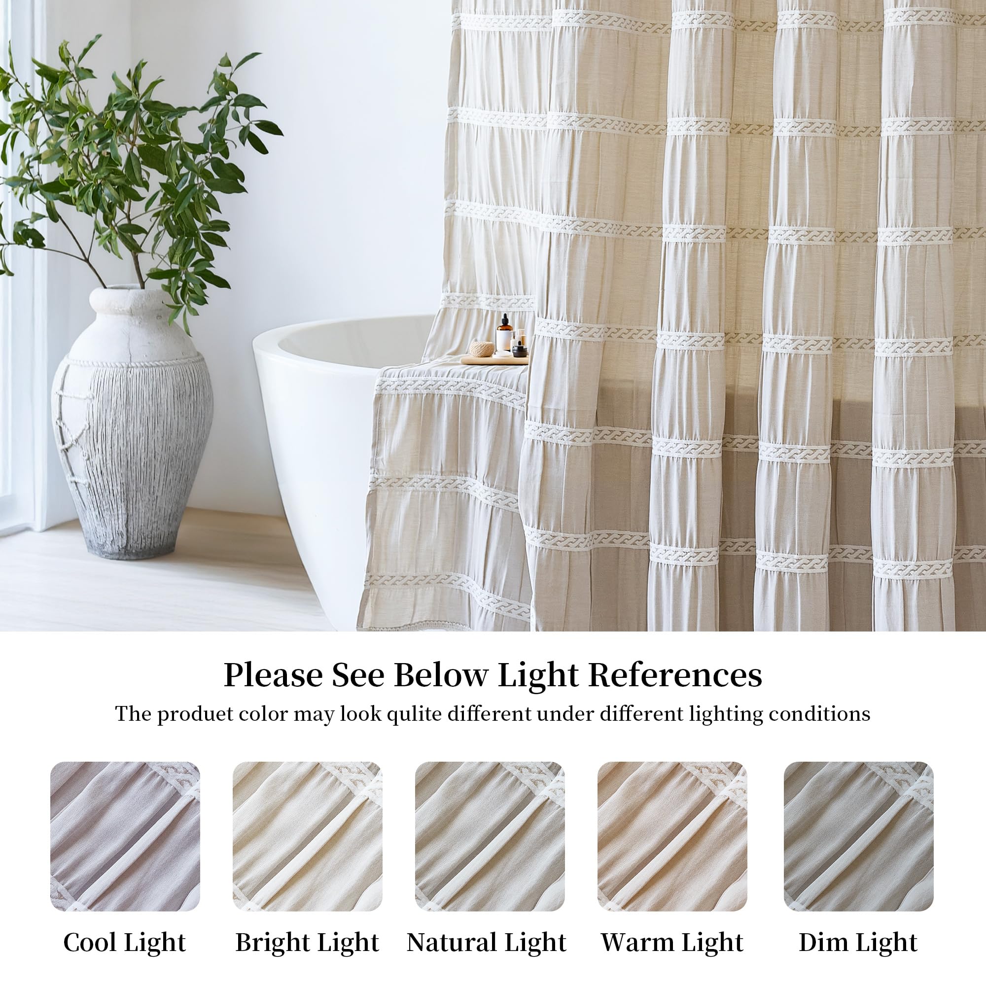 Siiluminisoy Cream Shower Curtain in a neutral-toned bathroom setting.
