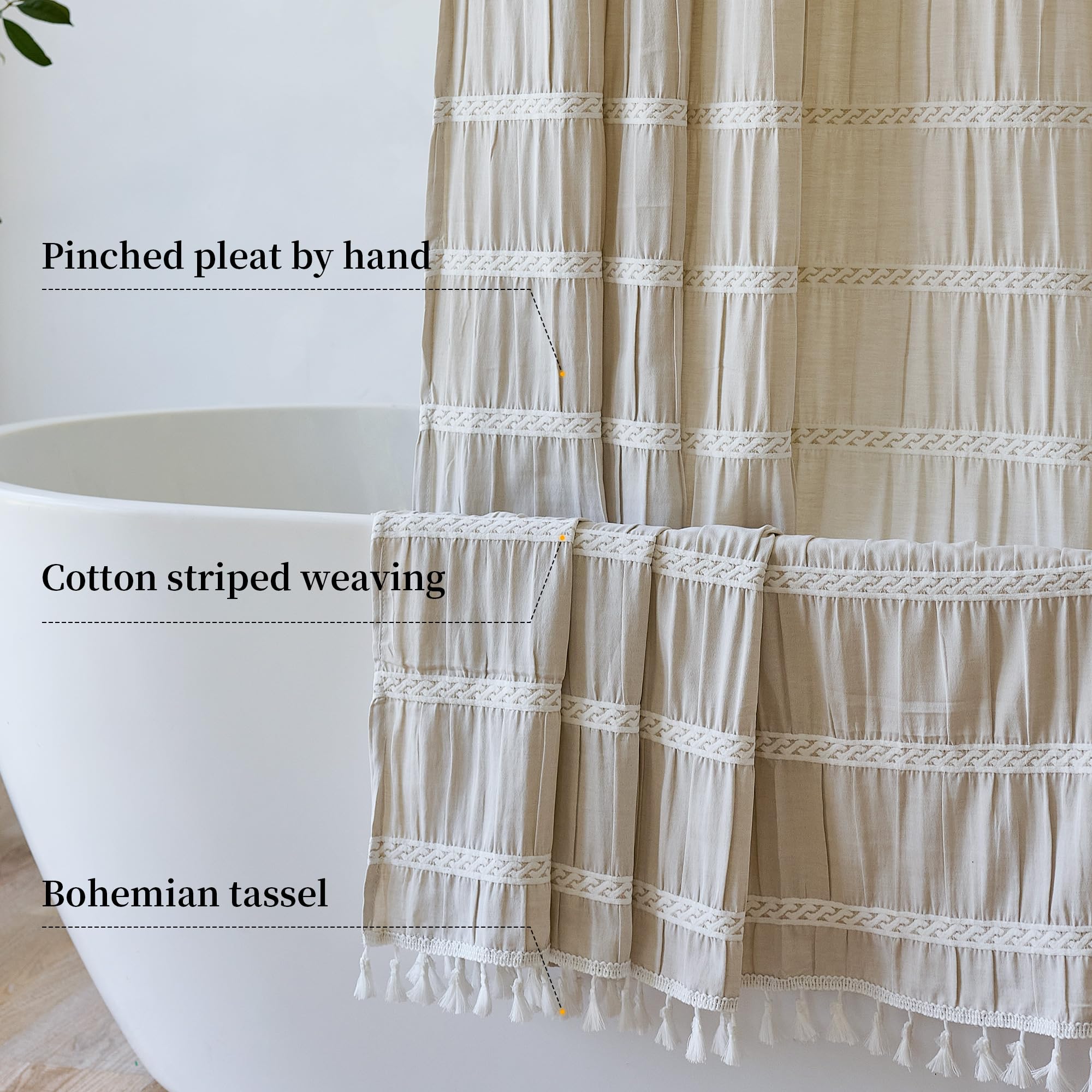 Siiluminisoy Cream Shower Curtain fabric close-up reveals polyester quality.