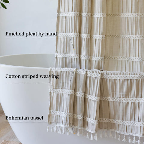 Siiluminisoy Cream Shower Curtain fabric close-up reveals polyester quality.