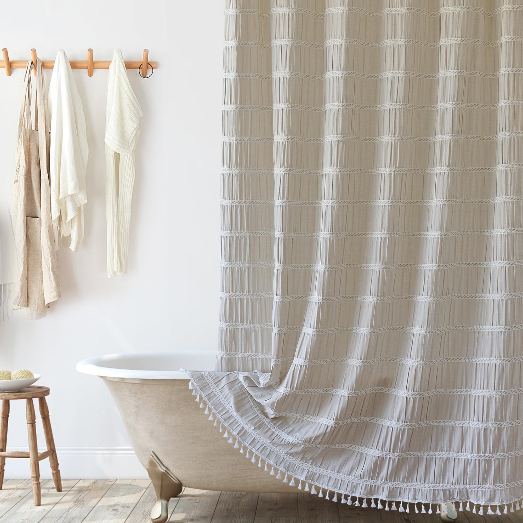 Siiluminisoy Cream Shower Curtain stripe detail highlighting hand-pinched pleat texture.