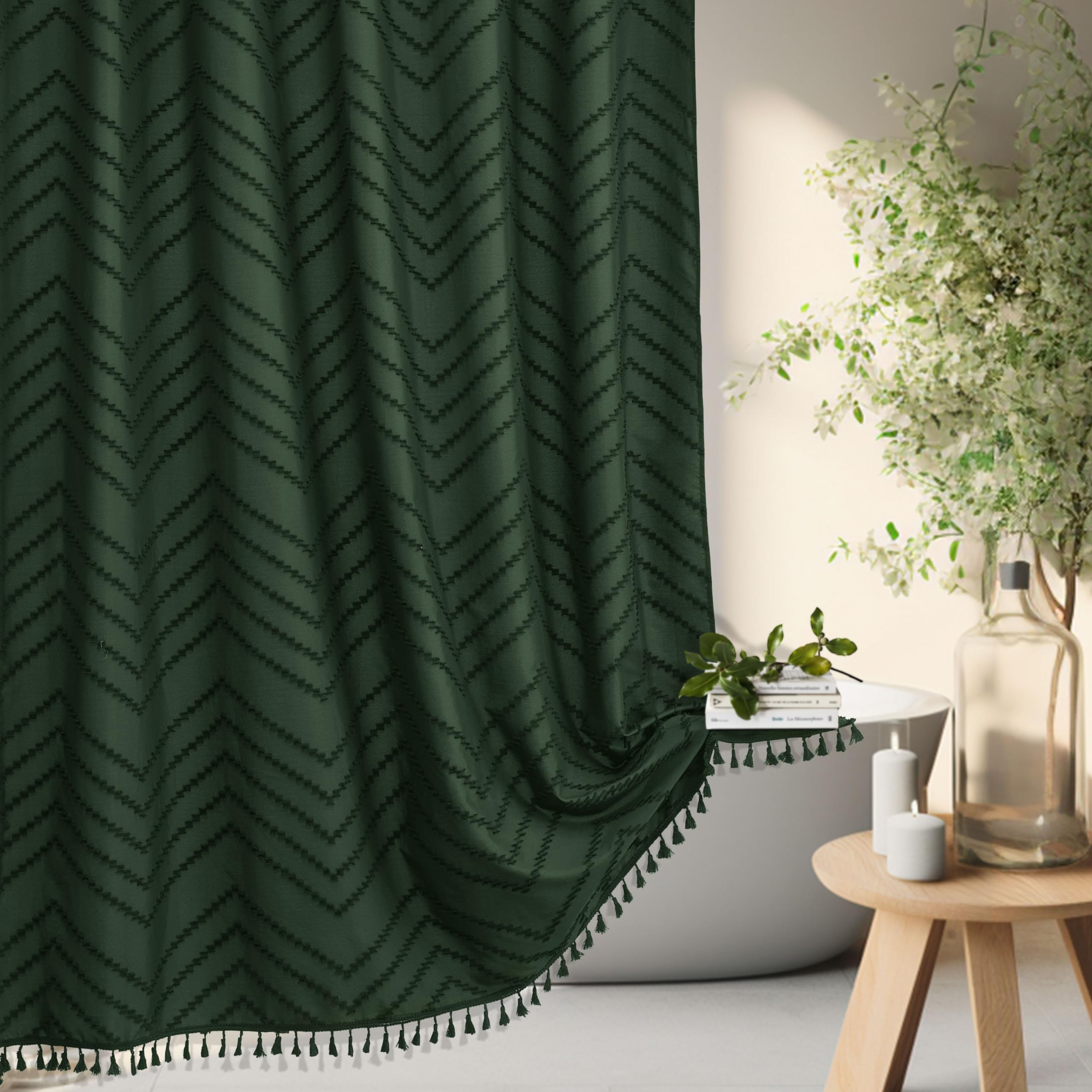 Siiluminisoy dark green boho shower curtain with chevron texture adds stylish privacy.