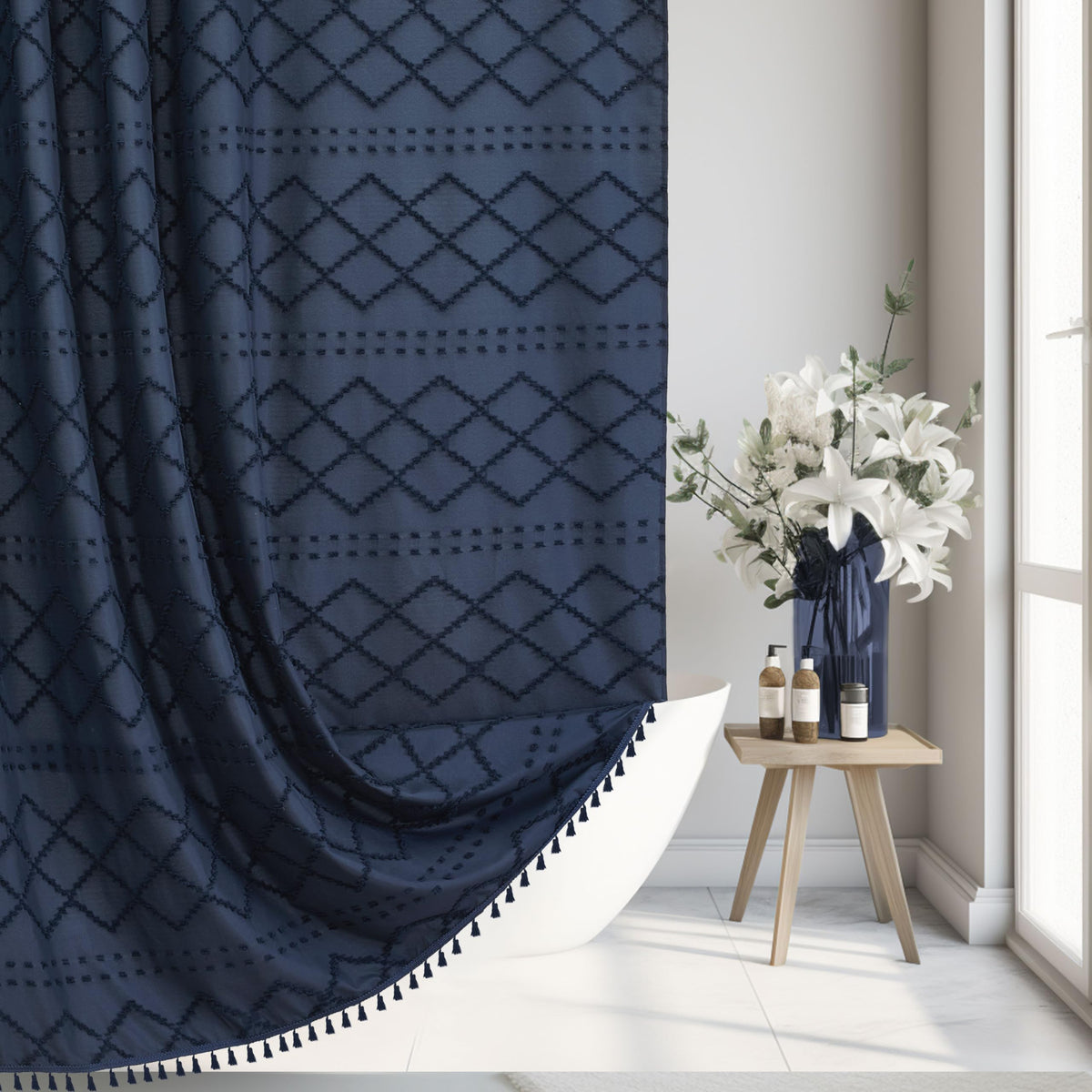 Siiluminisoy navy blue shower curtain full view for stylish bathroom privacy and splash containment.