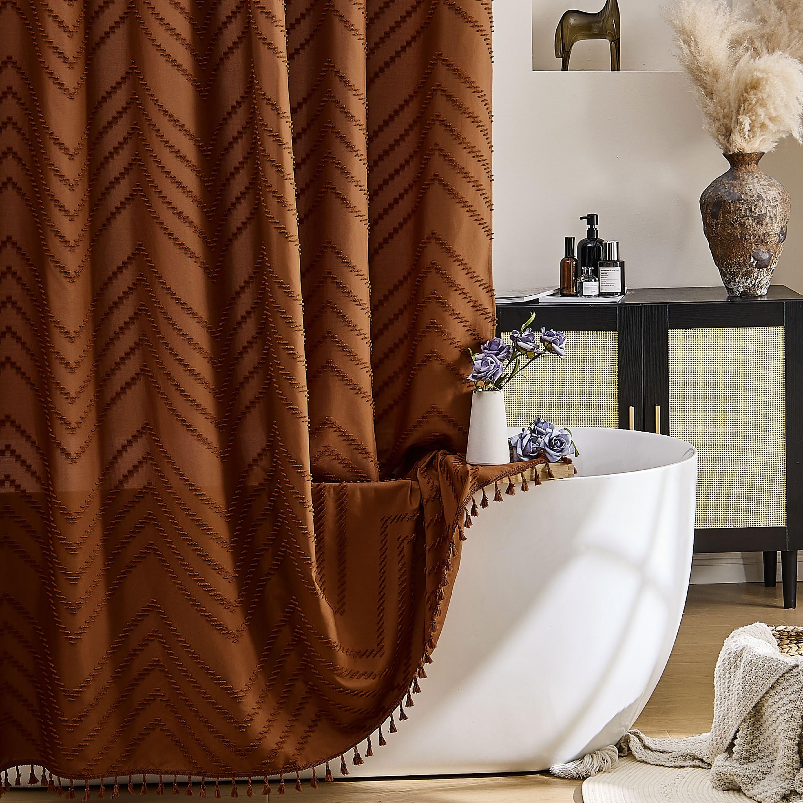 Siiluminisoy orange shower curtain front view with bold color and chevron texture for modern bathrooms