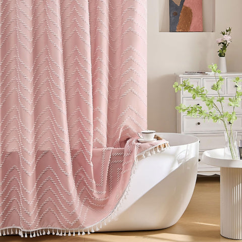 Siiluminisoy pink shower curtain keeps water off the floor and adds style.