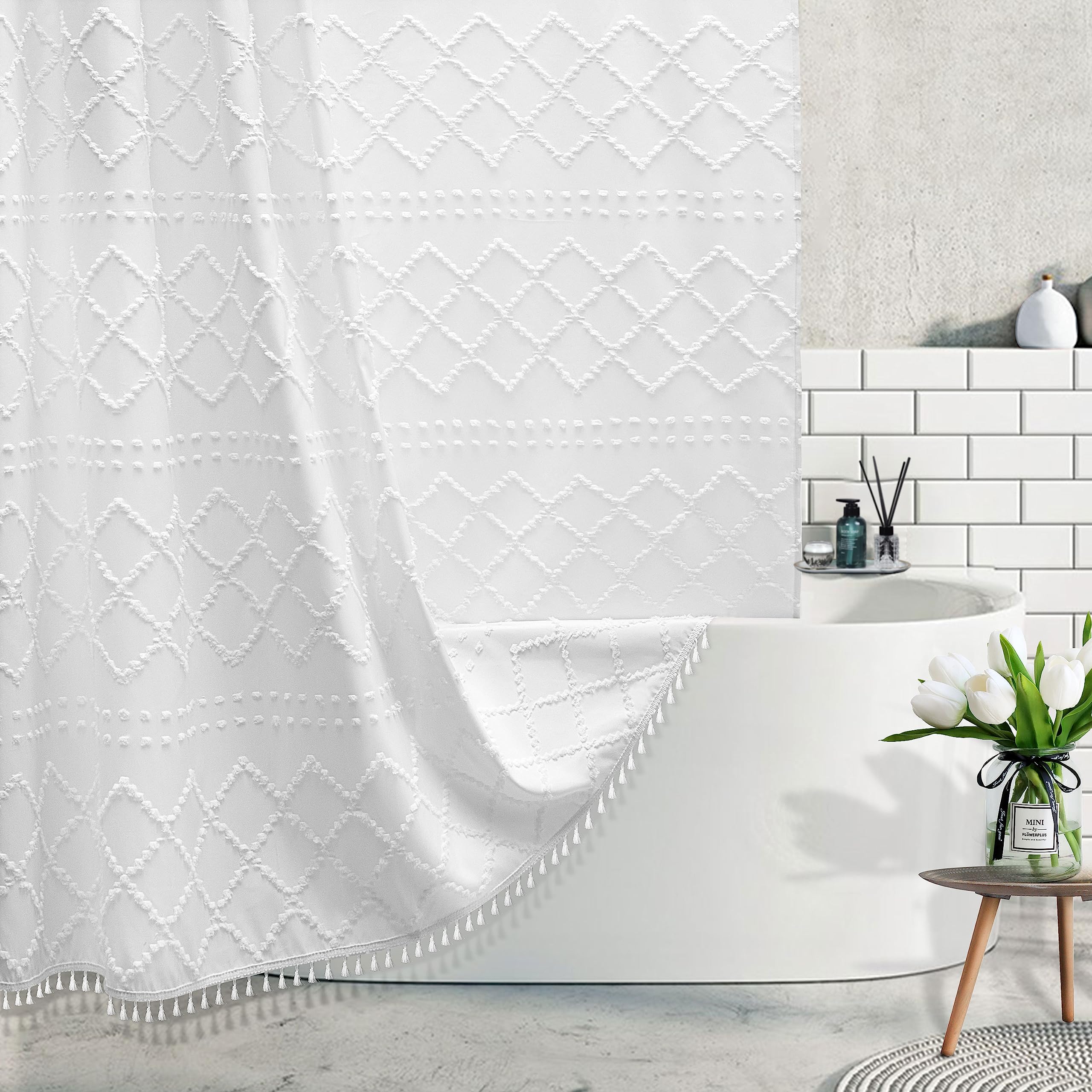 Siiluminisoy white textured chevron shower curtain enhances bathroom style and privacy.