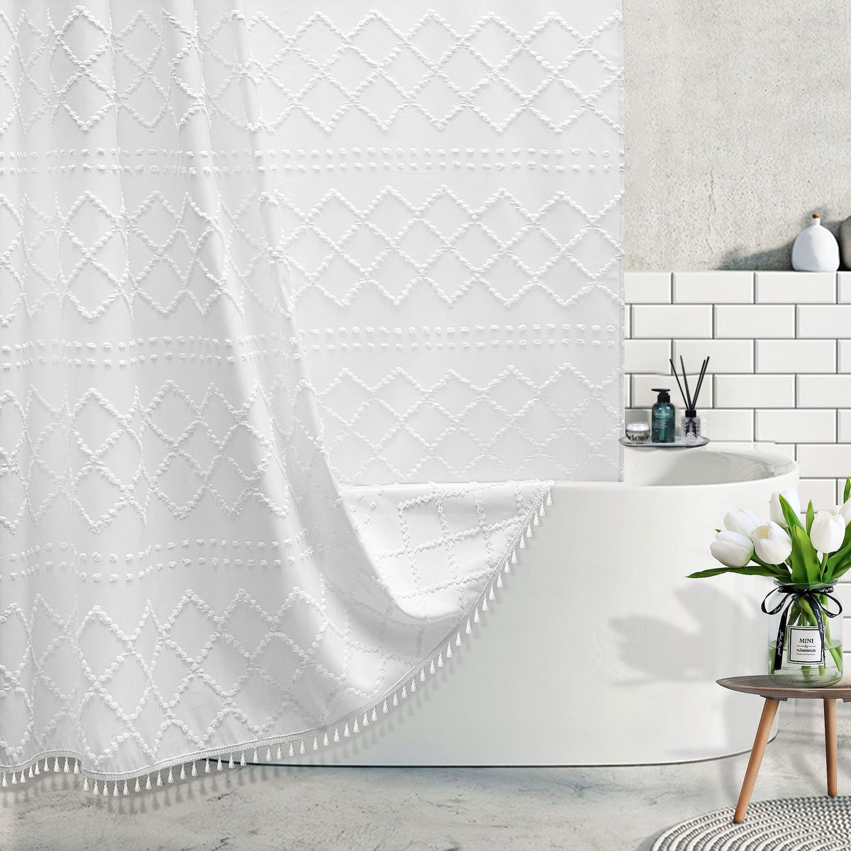 Siiluminisoy white textured chevron shower curtain enhances bathroom style and privacy.