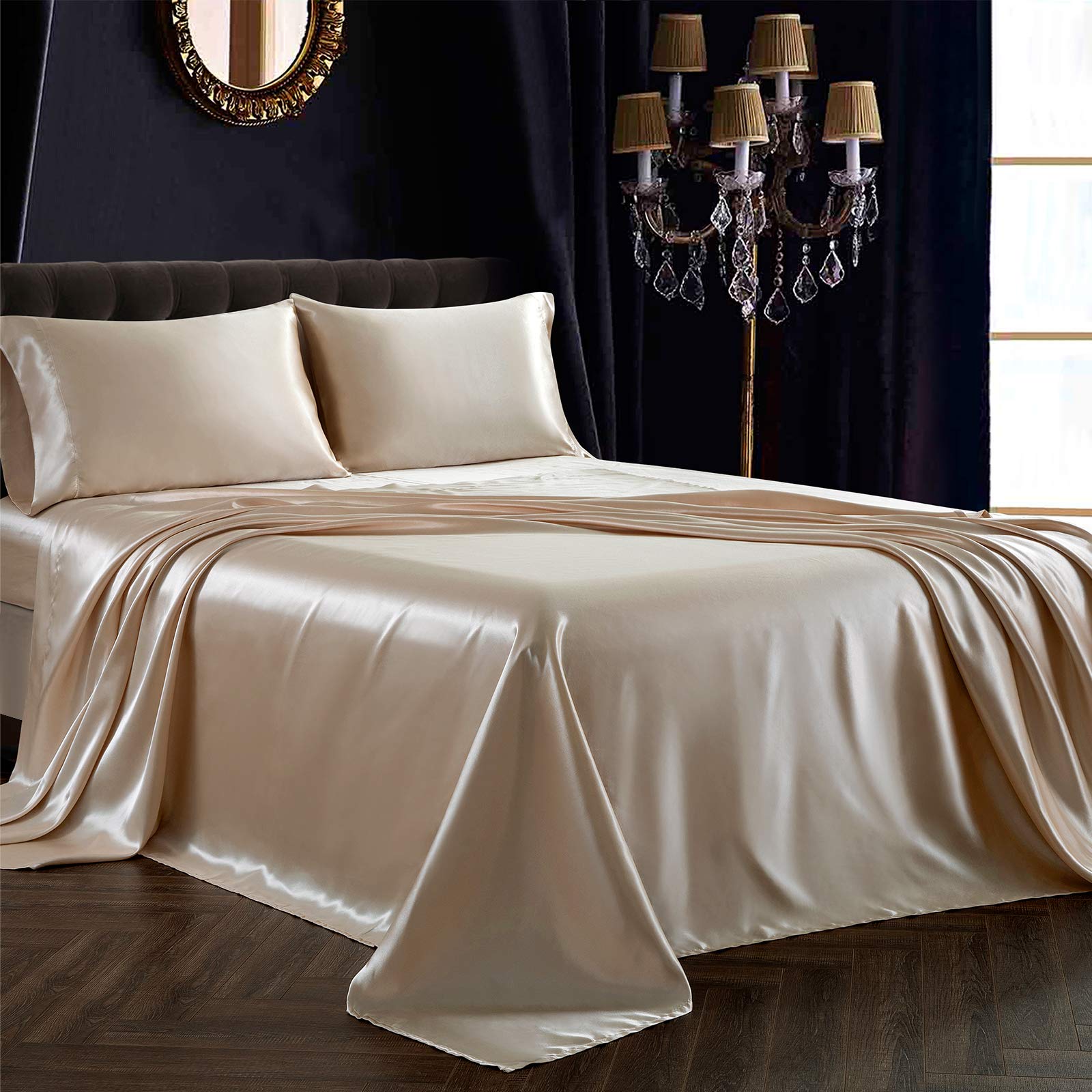 SiinvdaBZX satin sheet set fitted close-up showing deep pocket for snug fit