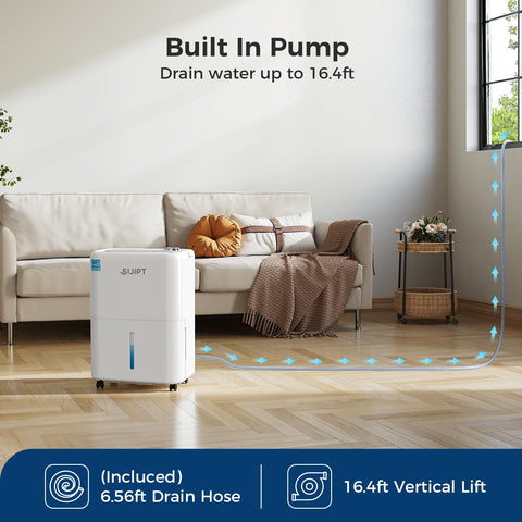 Sijipt dehumidifier pump-drain hose setup enabling flexible drainage options.