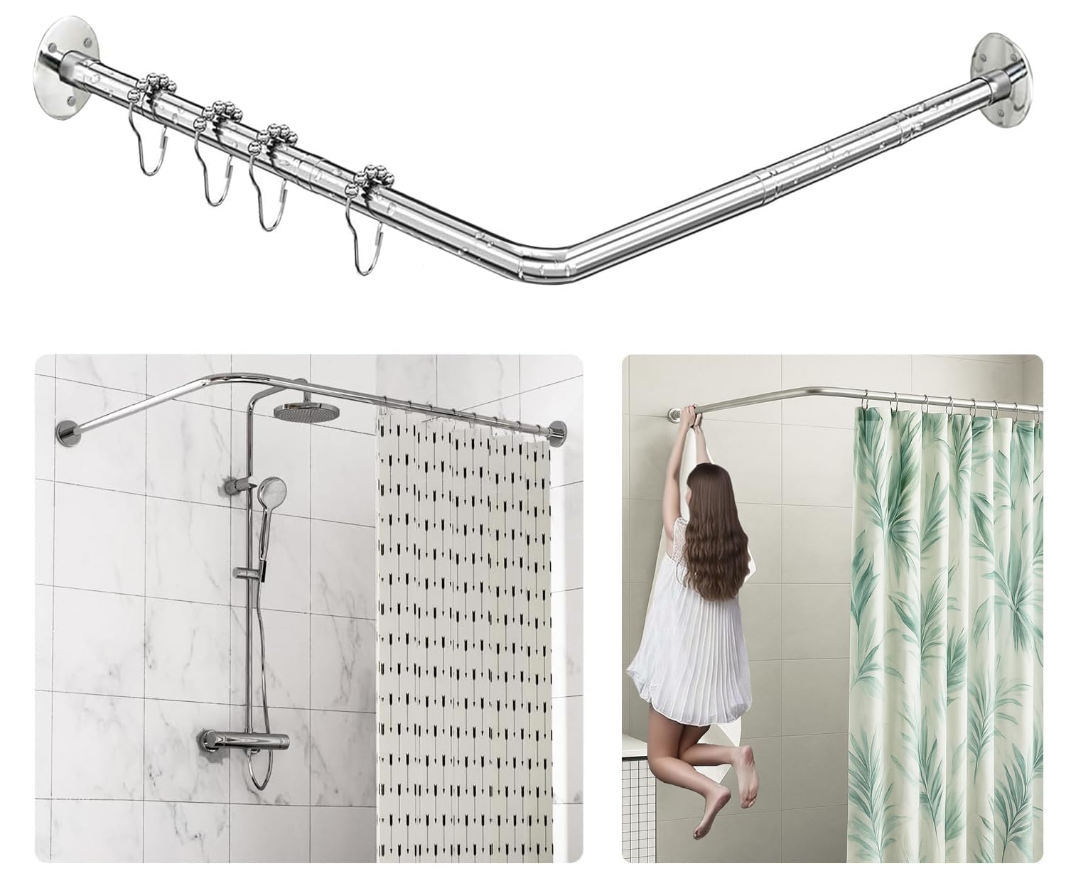 Sikaiqi L-shaped shower rod front view shows compact corner design for small bathrooms