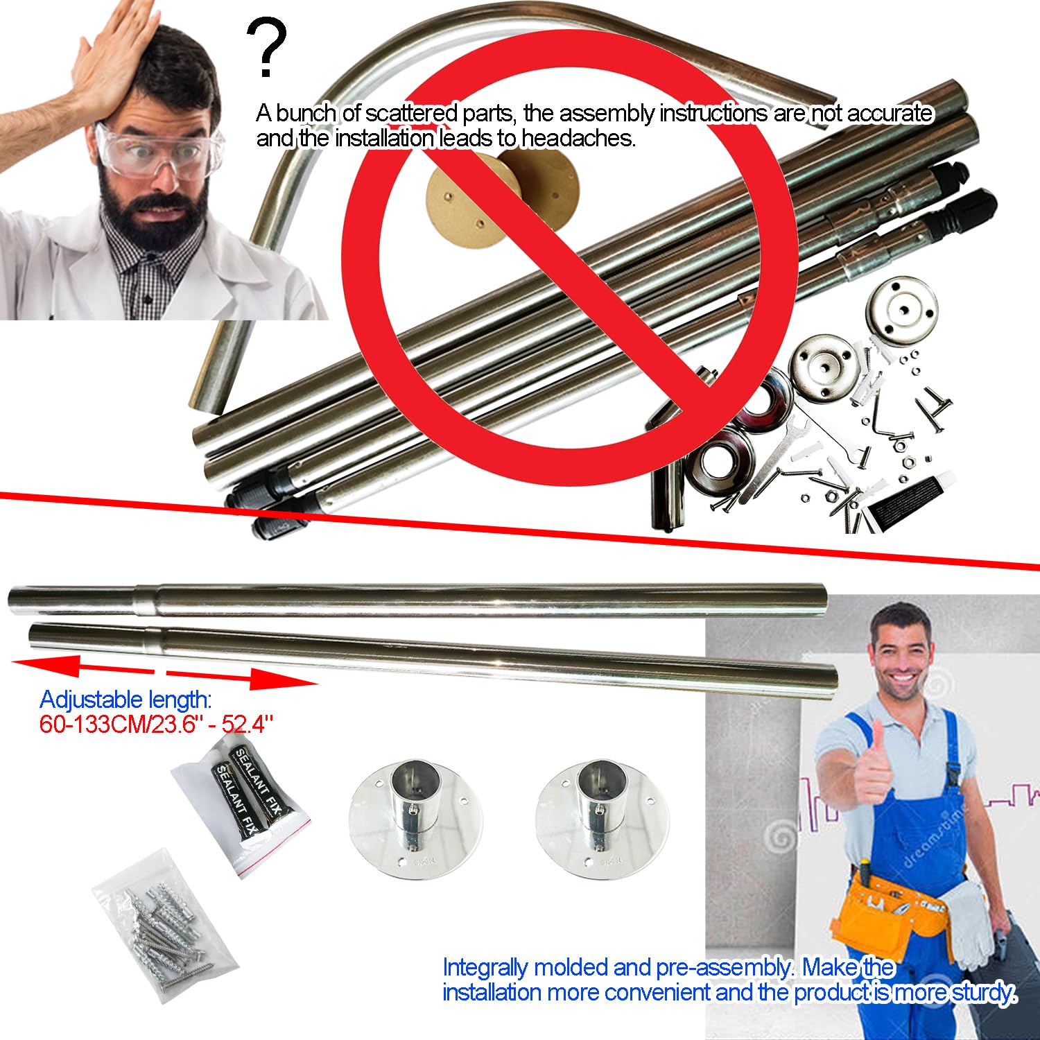 In‑use corner installation of the Sikaiqi shower rod in a bathroom
