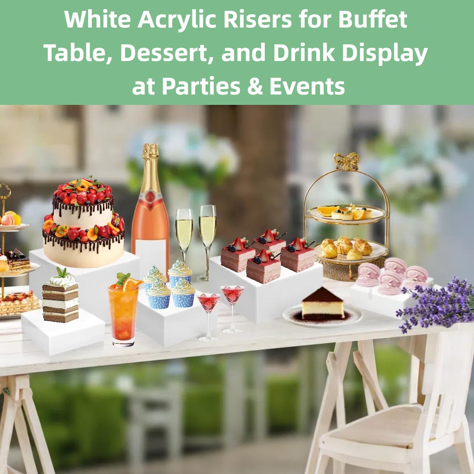 Silanit white acrylic risers with top platform for elegant buffets.