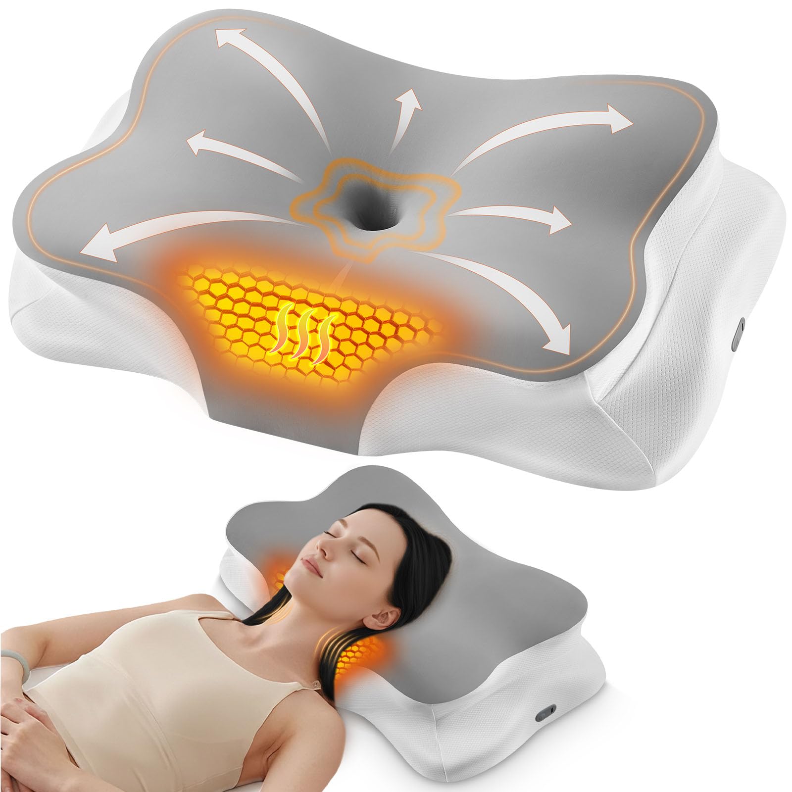 Silkena heated cervical pillow front view showing gentle neck support and warmth.