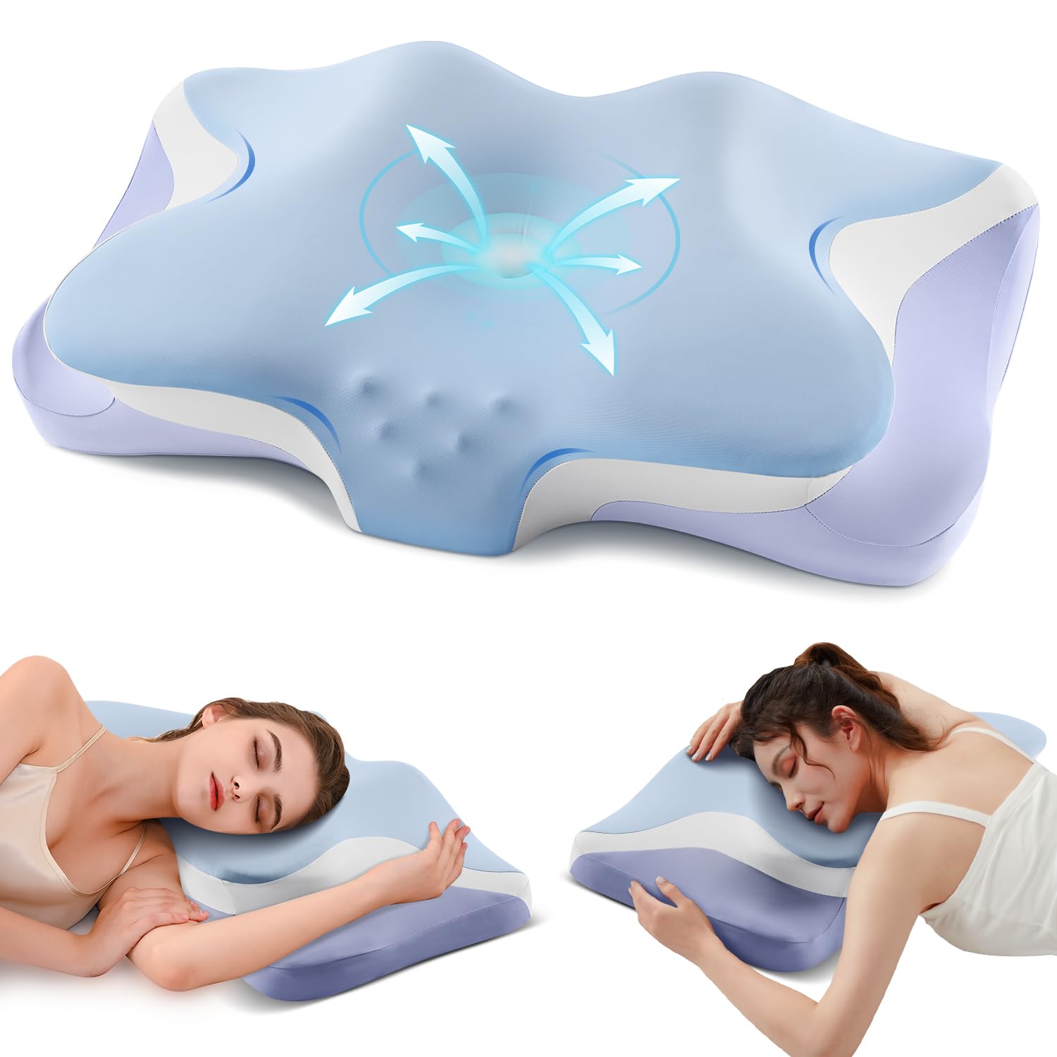 Silkena cervical pillow with ice blue cover provides cooling comfort.