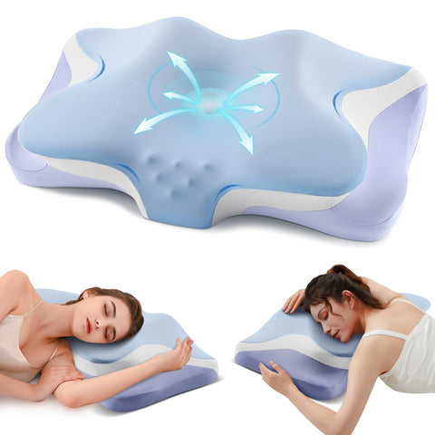 Silkena cervical pillow with ice blue cover provides cooling comfort.