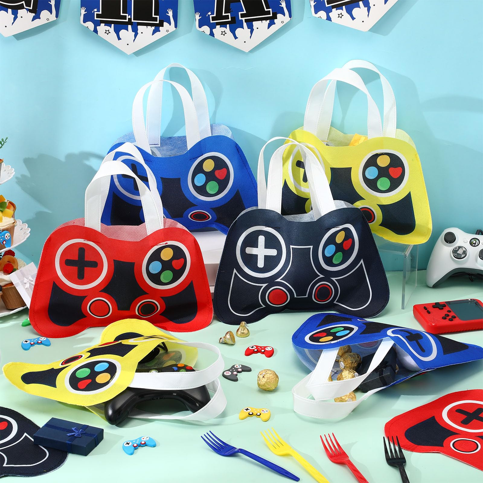Silkfly yellow video game party bag with handle for bright party decor.