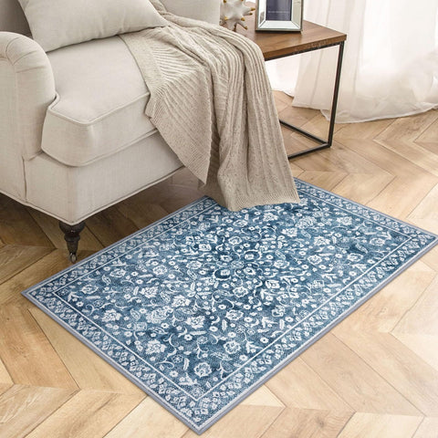 SILOLOOM blue floral entryway rug; soft faux-wool surface for cozy mornings.