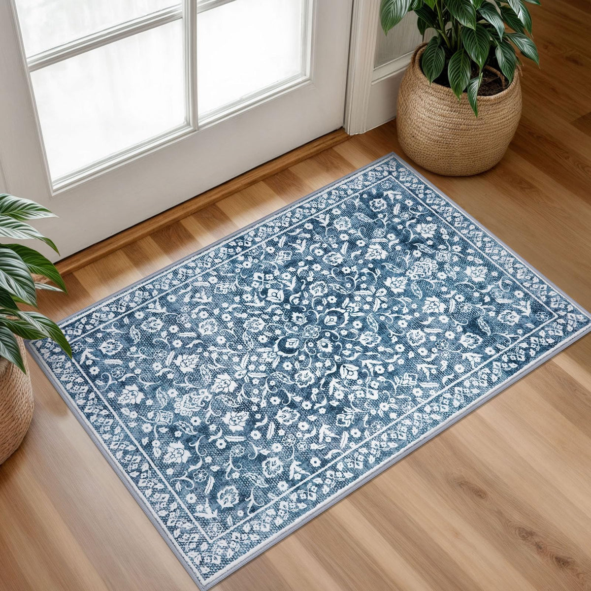 SILOLOOM vintage entryway rug with blue-white pattern; non-slip backing for safe entrances.