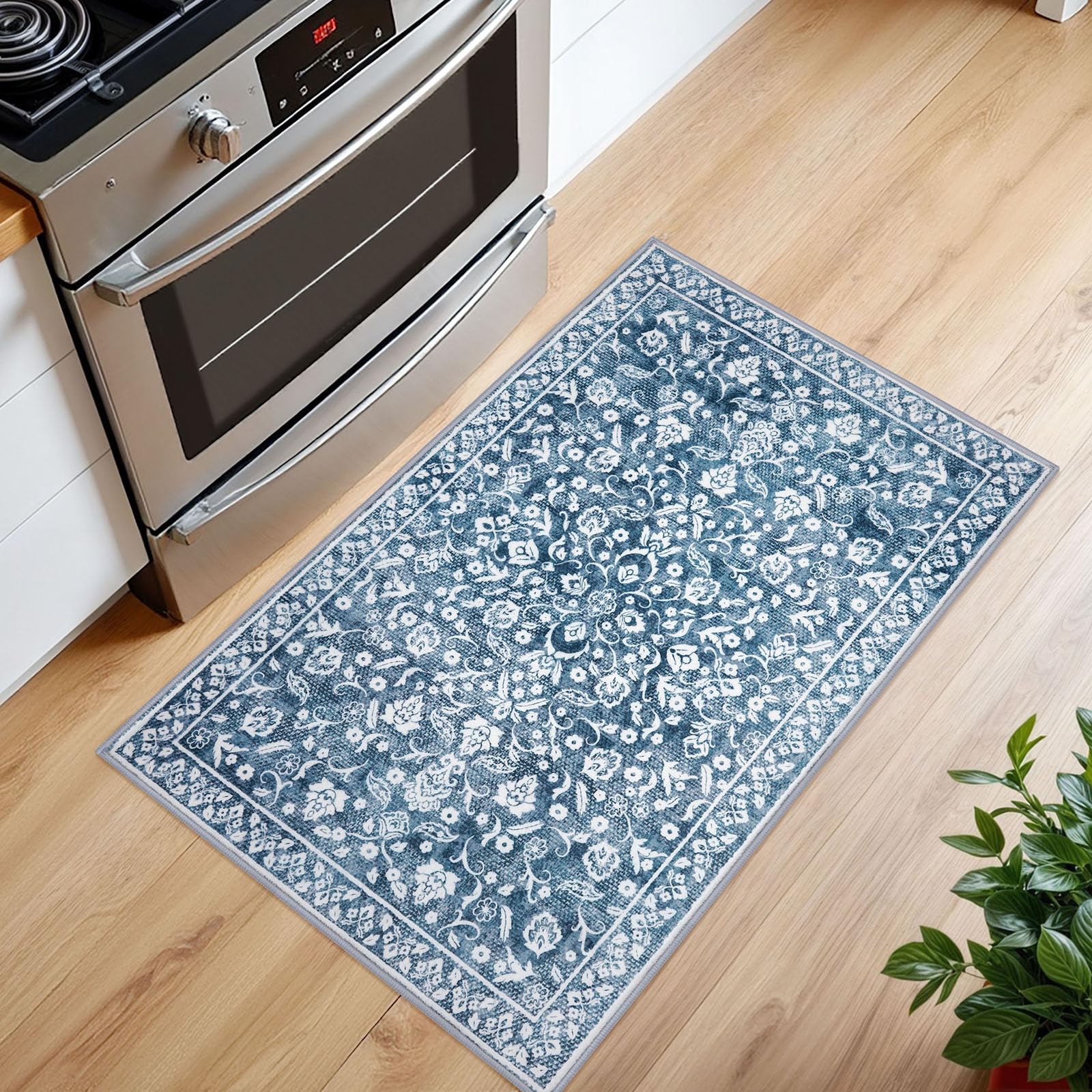 SILOLOOM blue-white floral rug with non-slip back helps keep entrances steady.