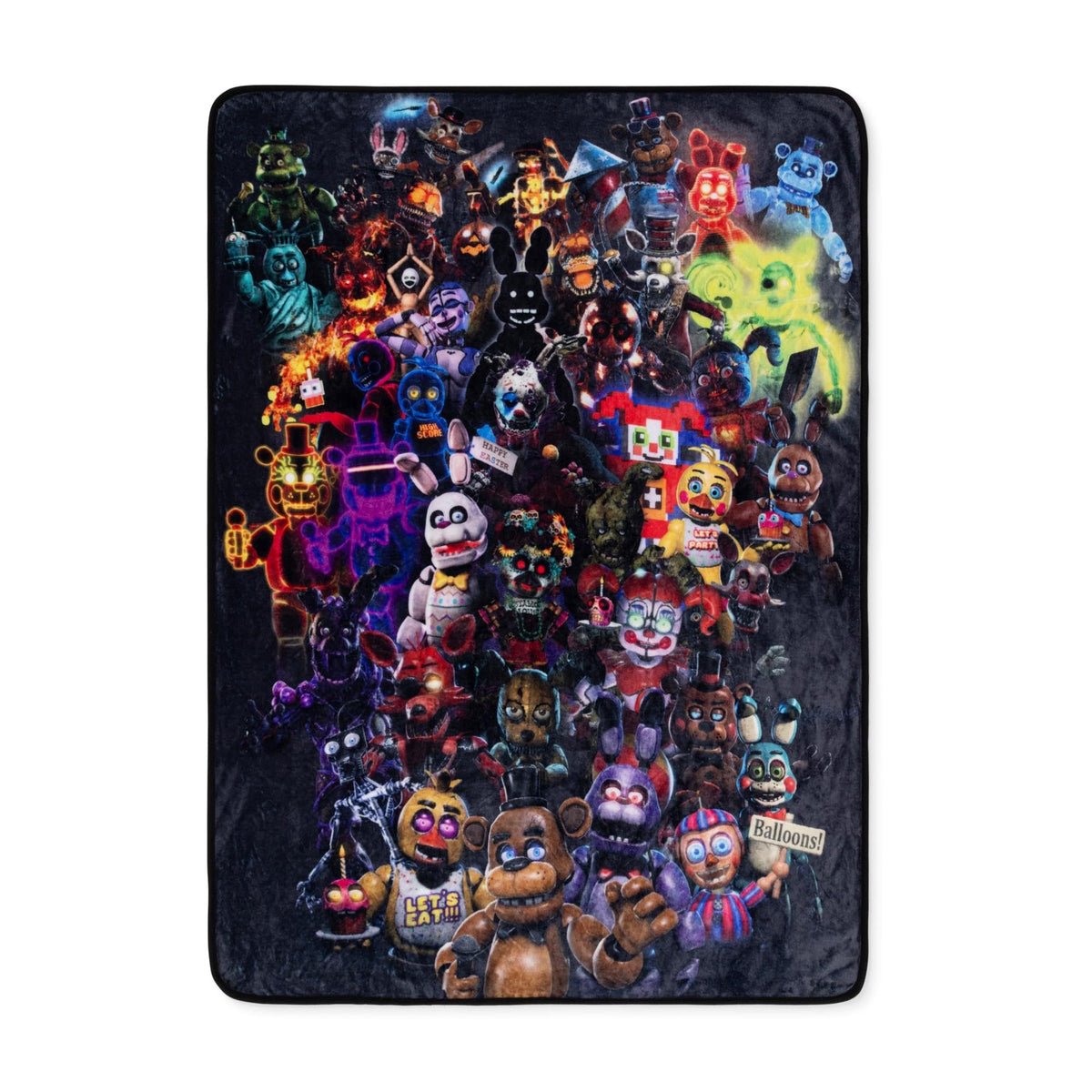 Silver Buffalo FNAF collage blanket hero shot for cozy sofa cuddles.