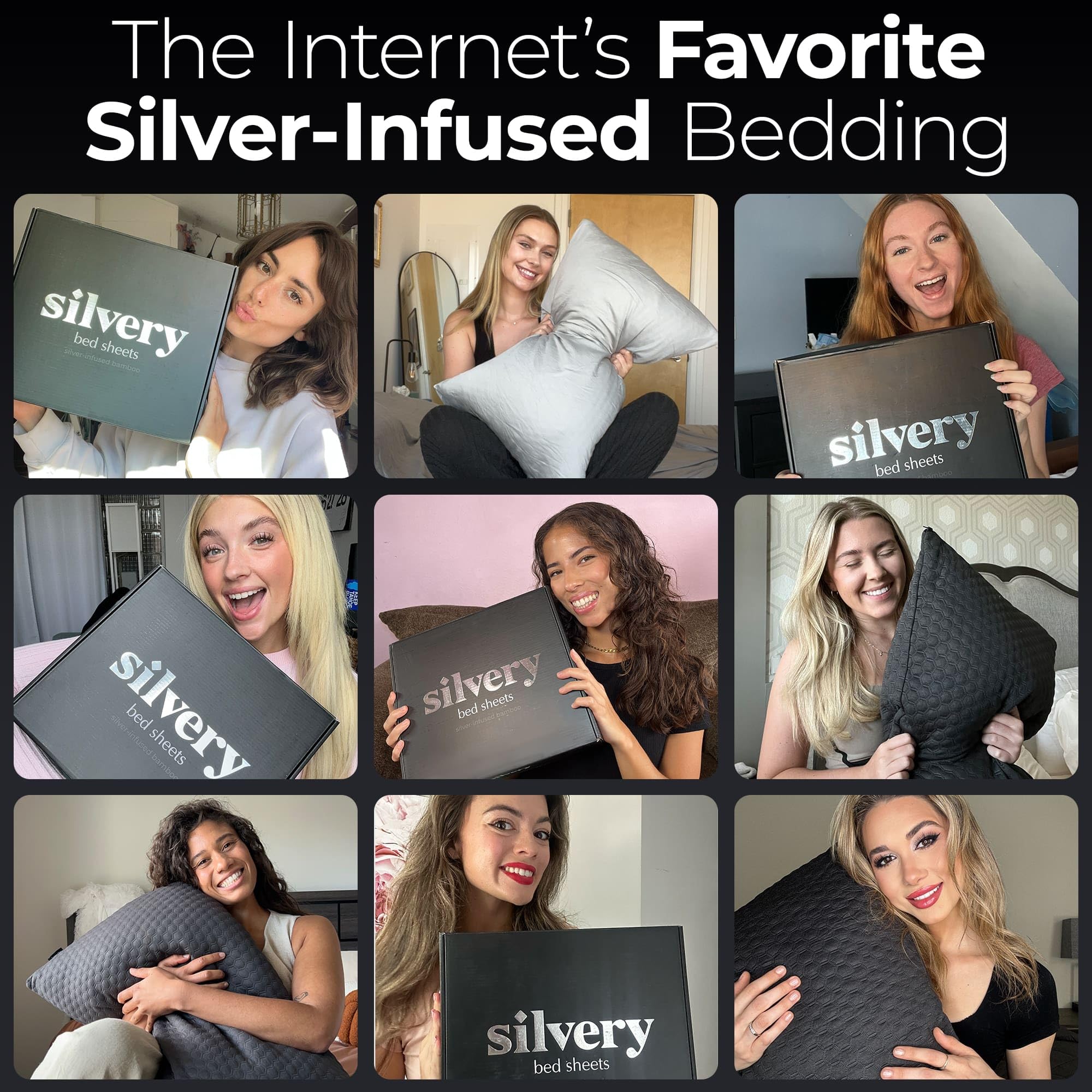 Silvery bed sheets 100-night trial label shown on packaging.