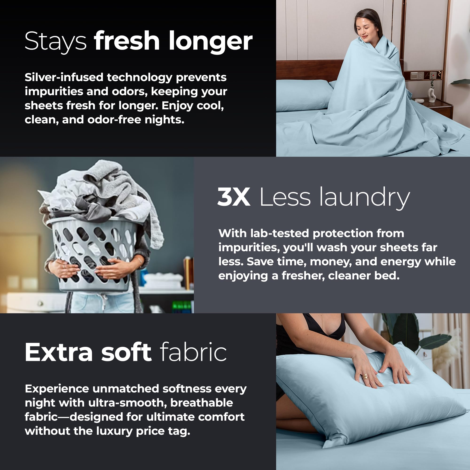 Silvery bed sheets breathable weave enabling comfortable sleep in any room.