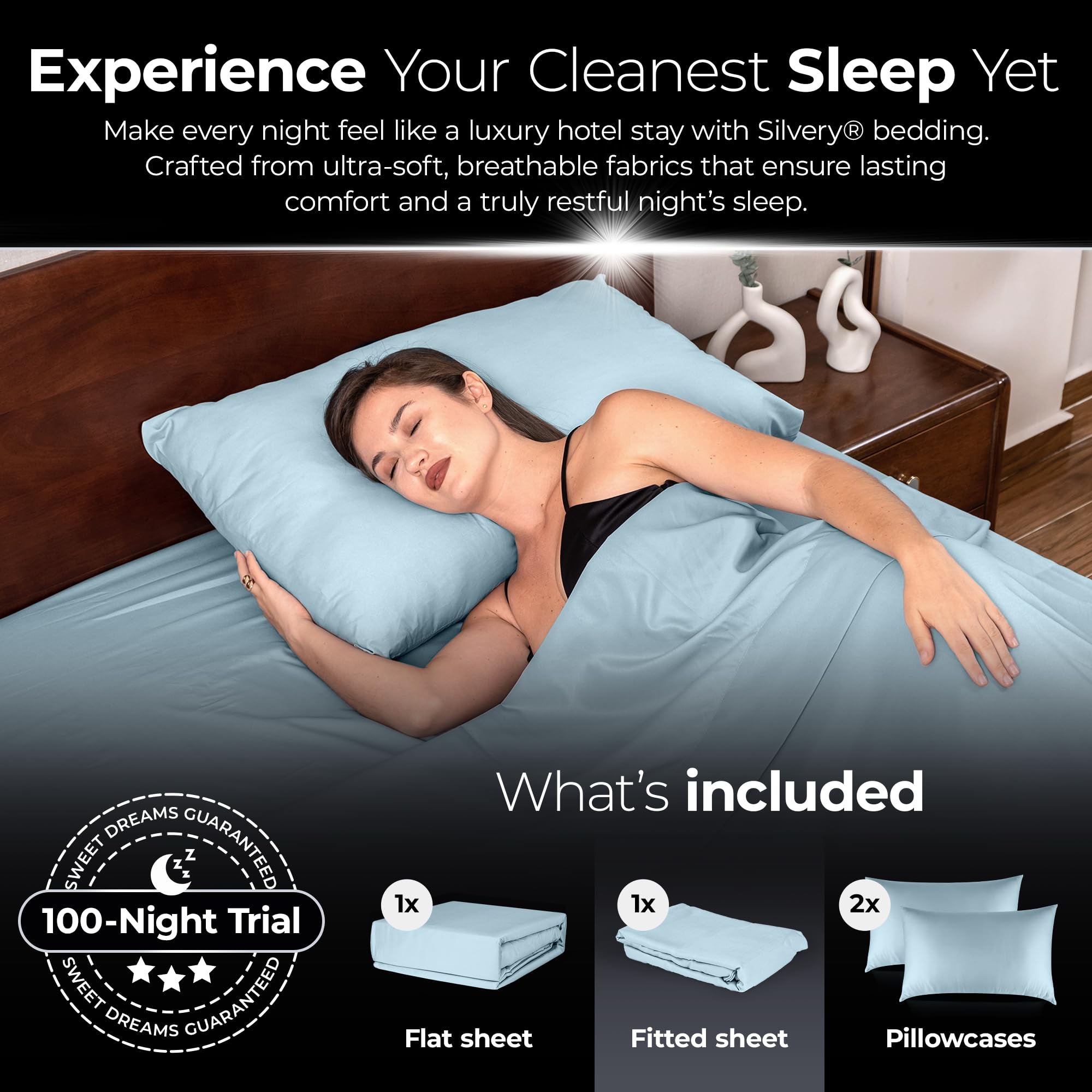 Silvery bed sheets deep-pocket-fit feature securing wrinkle-free finish.