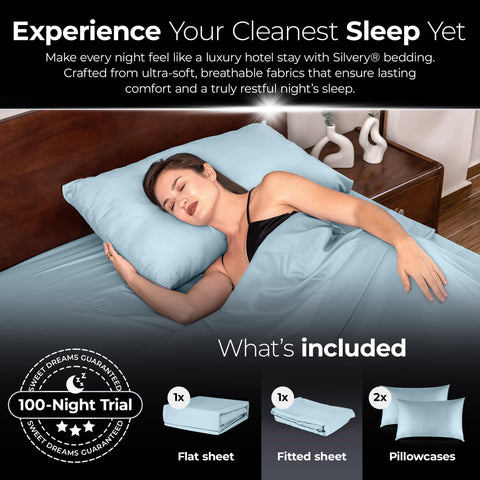 Silvery bed sheets deep-pocket-fit feature securing wrinkle-free finish.