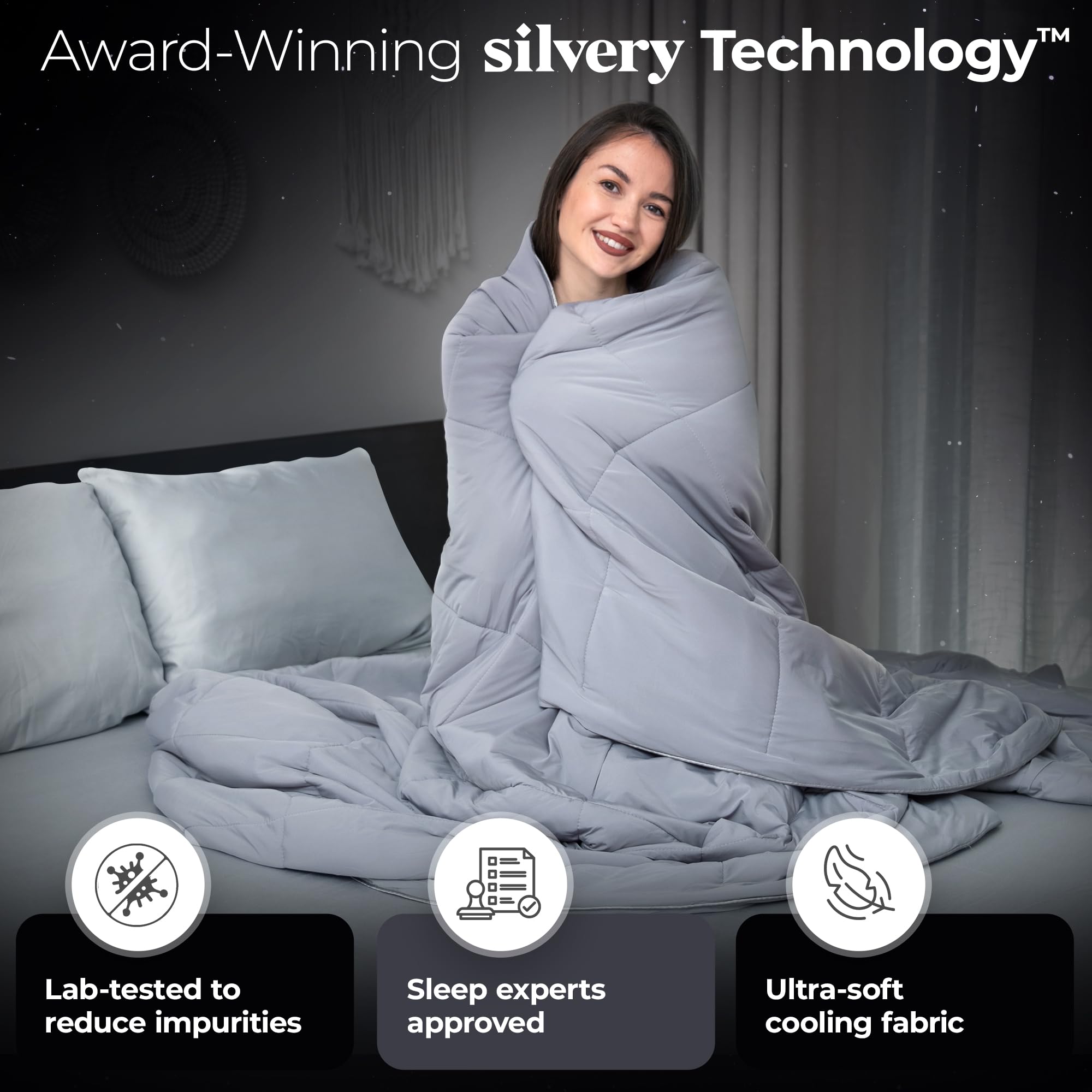 Bedroom scene showing Silvery on a cozy, inviting bed.