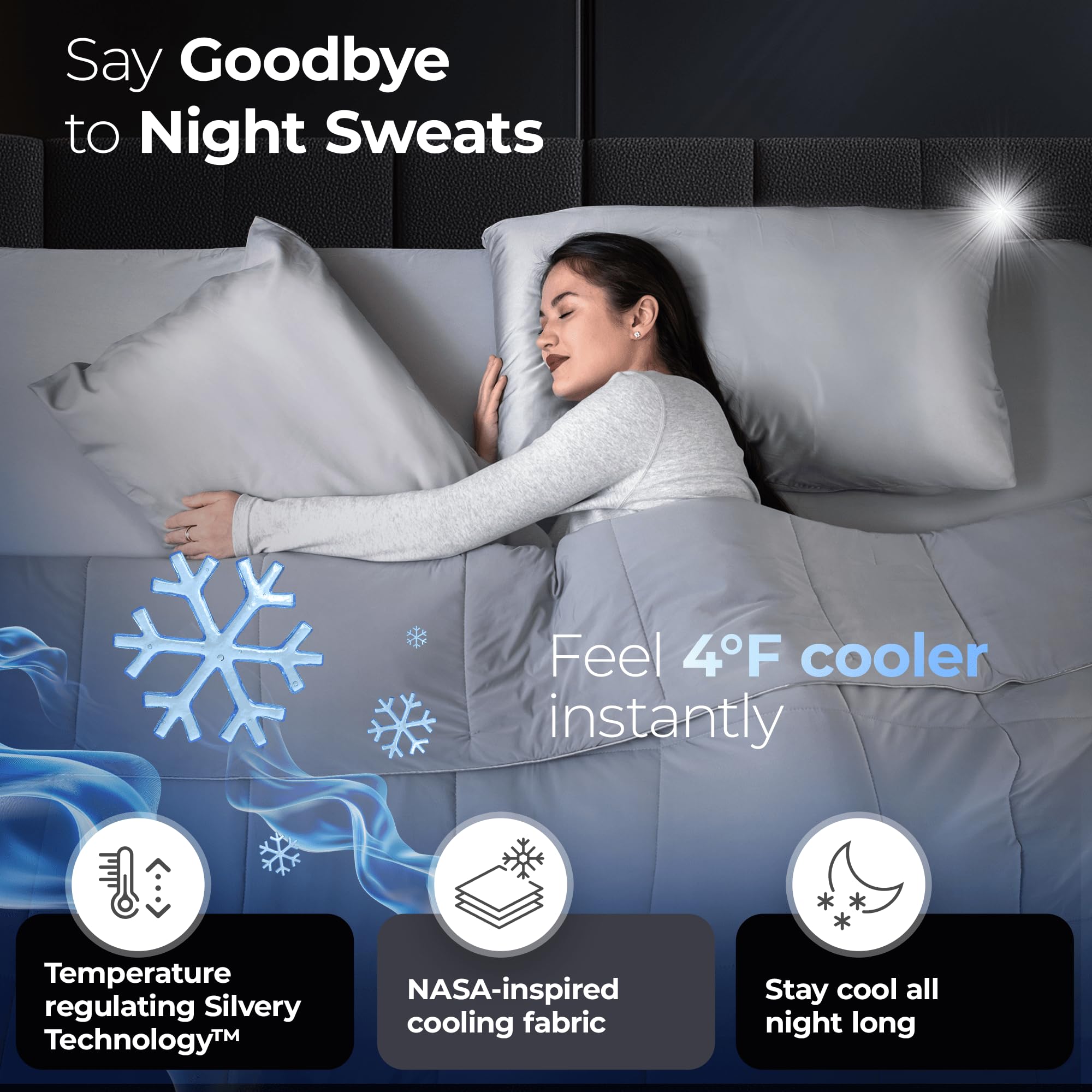 Silvery Cooling Comforter on a gray bed highlighting lightweight luxury.