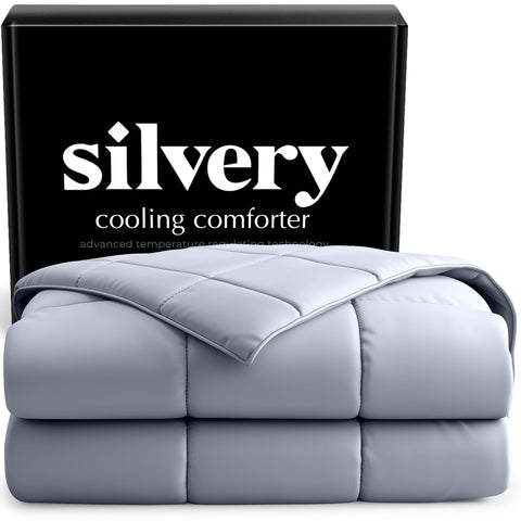 Silvery Cooling Comforter fabric close-up with silver-infused fibers regulating temperature.