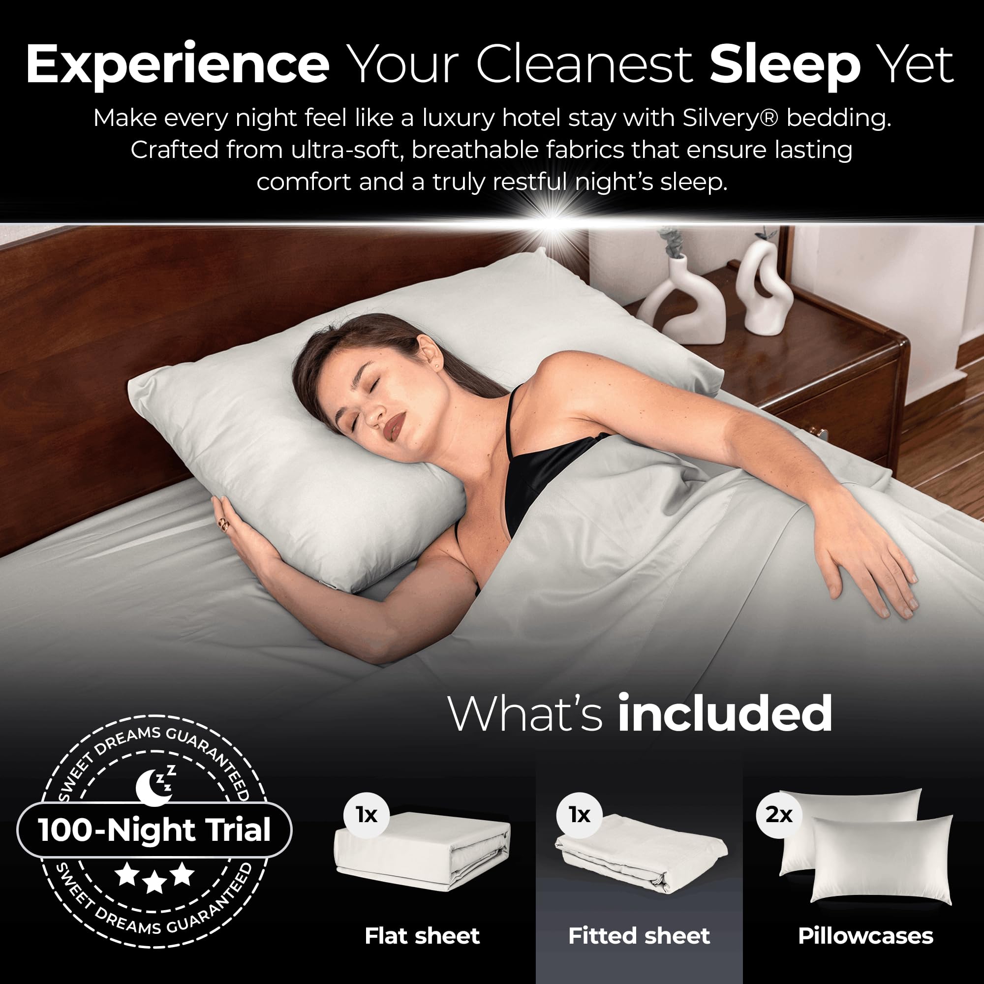 Silvery dermatologist-tested bedding is suitable for sensitive skin.
