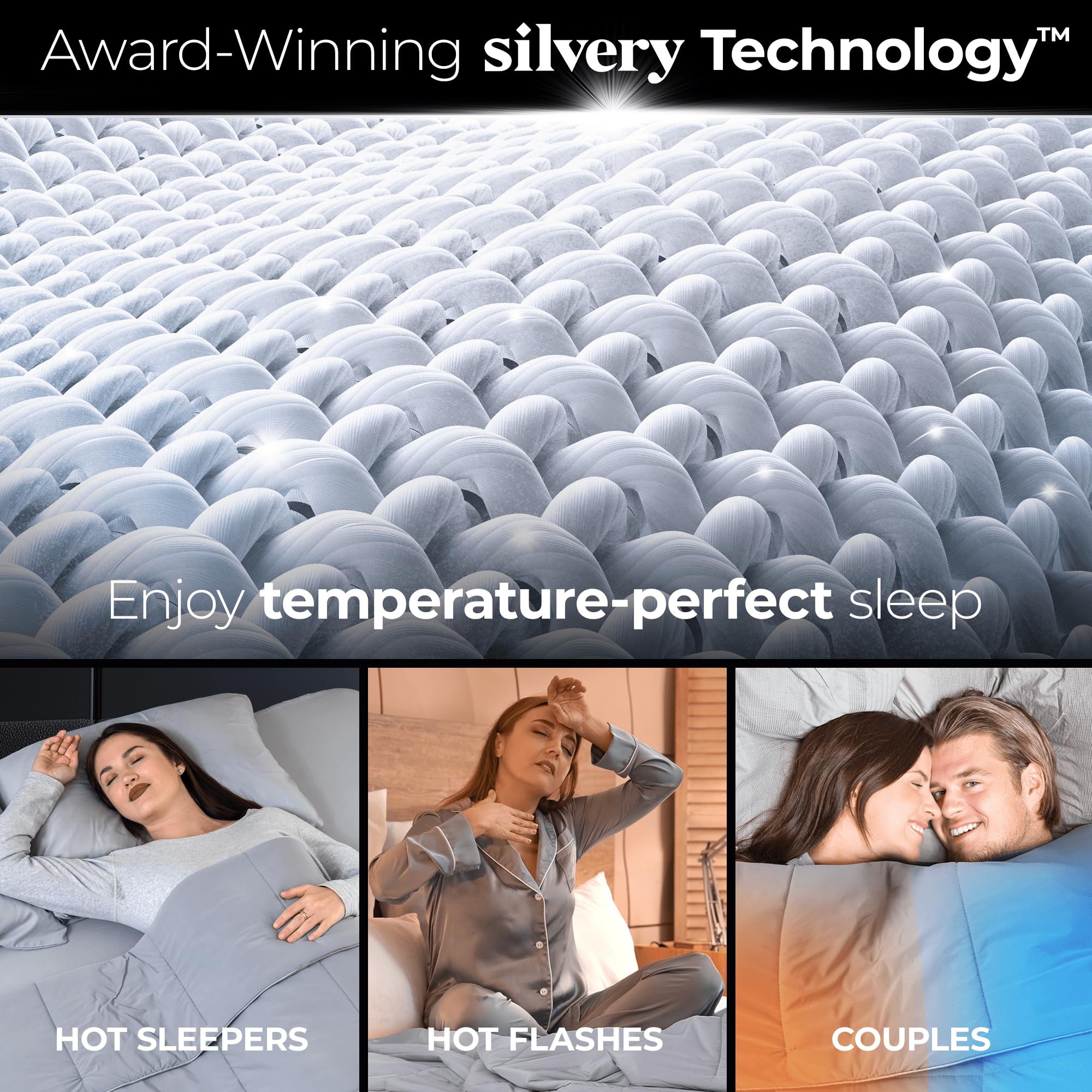 Silvery nighttime use by hot sleeper with cooling soft fabric.