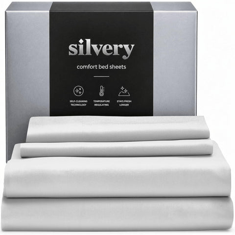 Silvery silver-infused bed-sheets closeup showing ultra-soft fabric for restful nights.