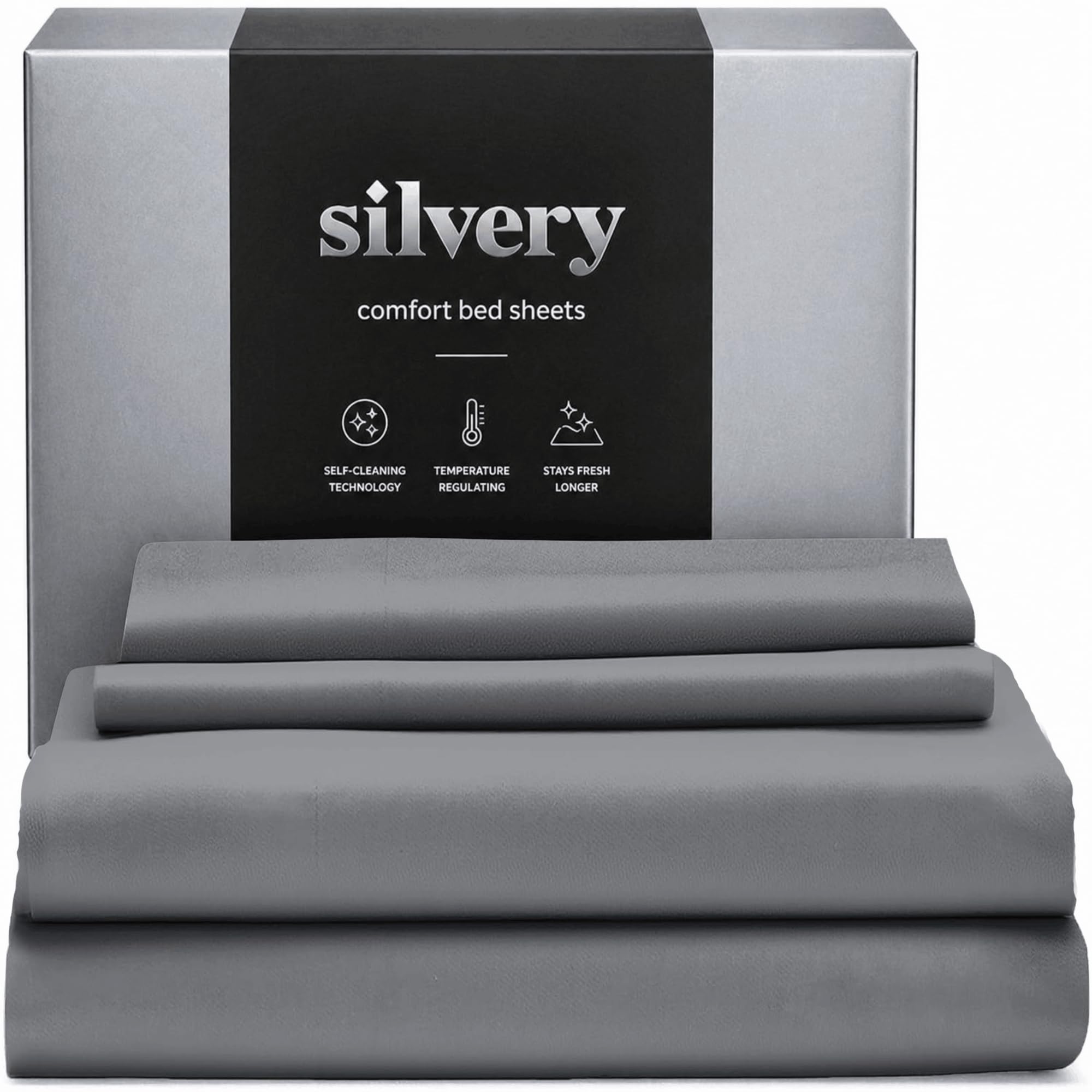 Silvery silver infused bed sheets front view with breathable weave for cooler nights