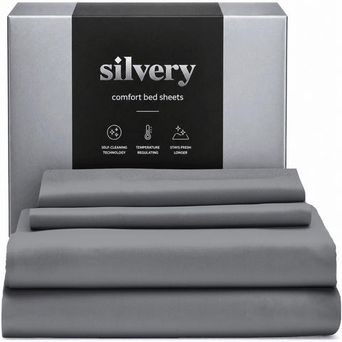 Silvery silver infused bed sheets front view with breathable weave for cooler nights