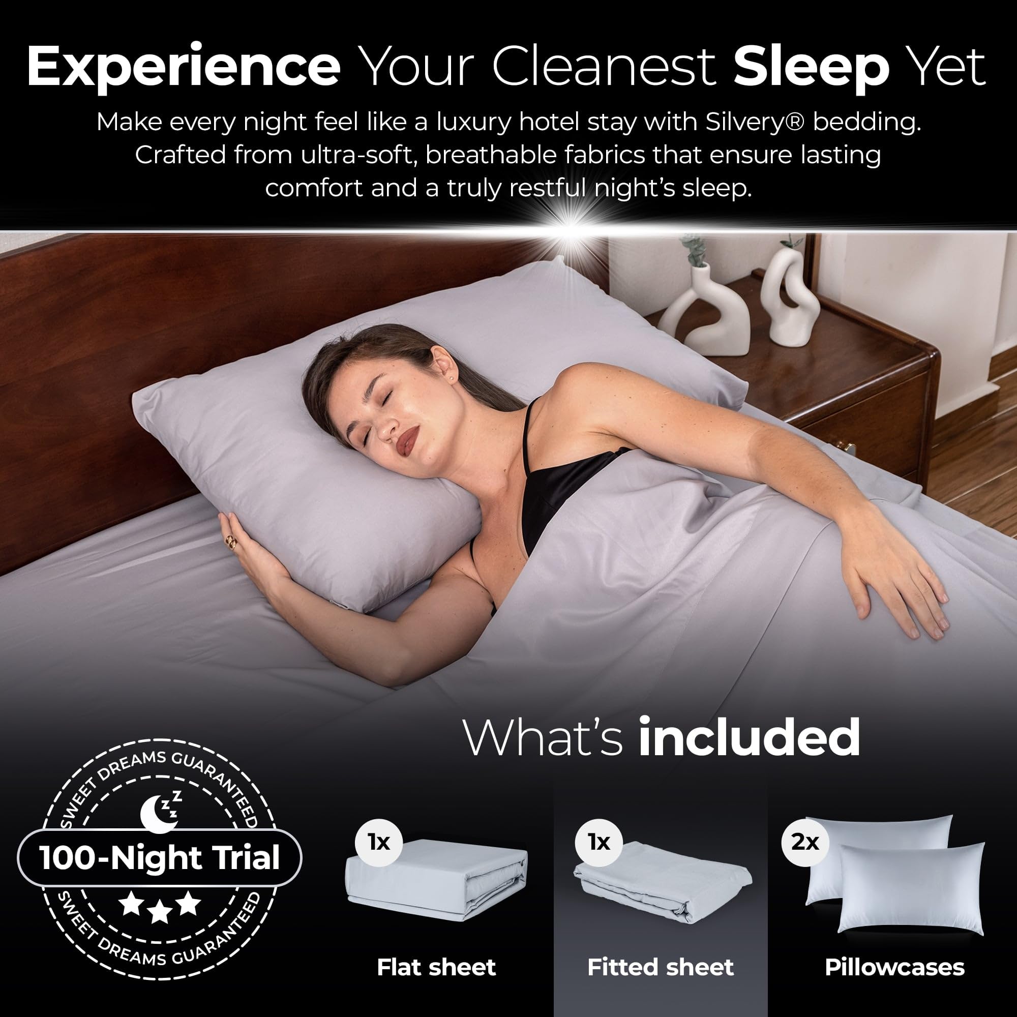 Silvery Silver Infused Bed Sheets Set on bedroom scene suggests temperature regulation for comfortable nights.