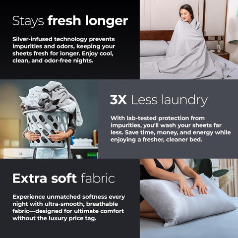 Silvery bed sheets in a bedroom scene convey luxury and lasting freshness.