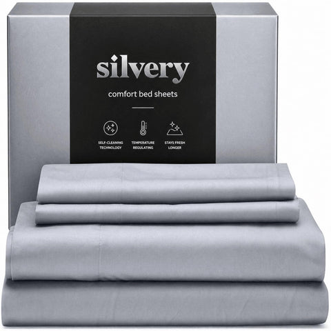 Silvery Silver Infused Bed Sheets Set flat lay shows ultra-soft, breathable fabric for comfortable sleep