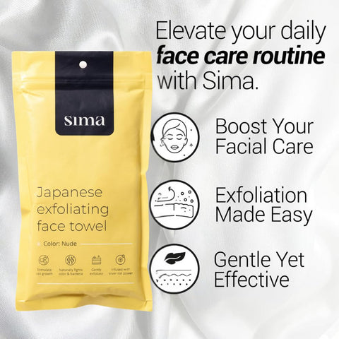 Sima Brand two-sided exfoliating towel shows dual textures for cleansing and exfoliation